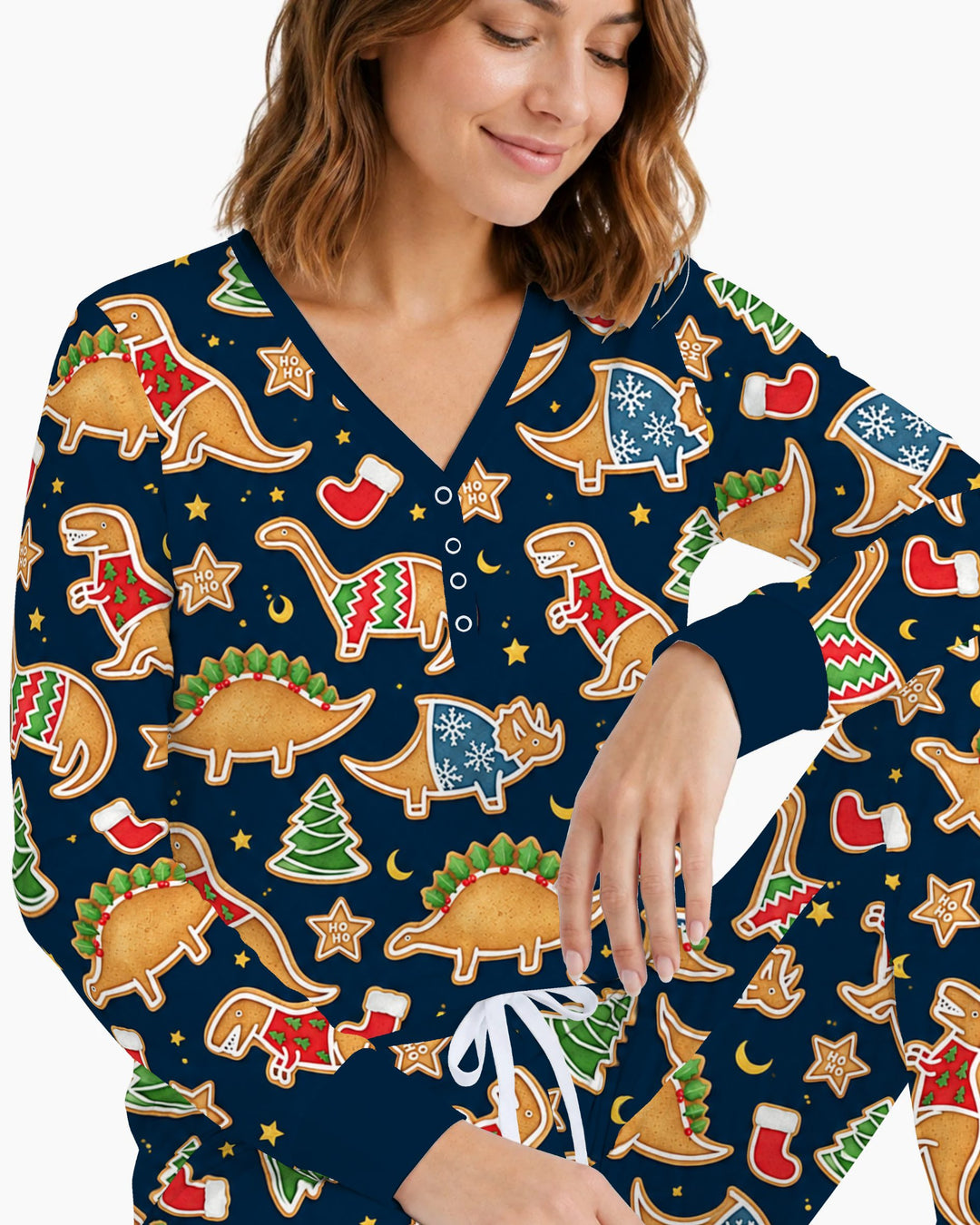 Christmas Dinosaur Gingerbread Cookies Bamboo Women Pajama Set