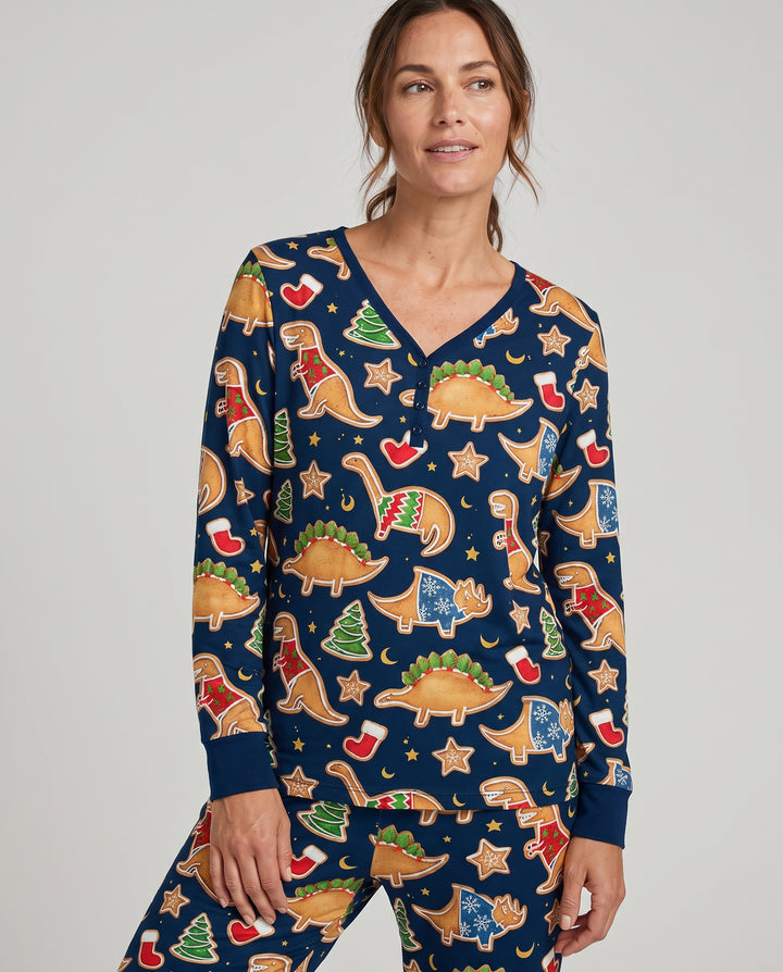 Christmas Dinosaur Gingerbread Cookies Bamboo Women Pajama Set