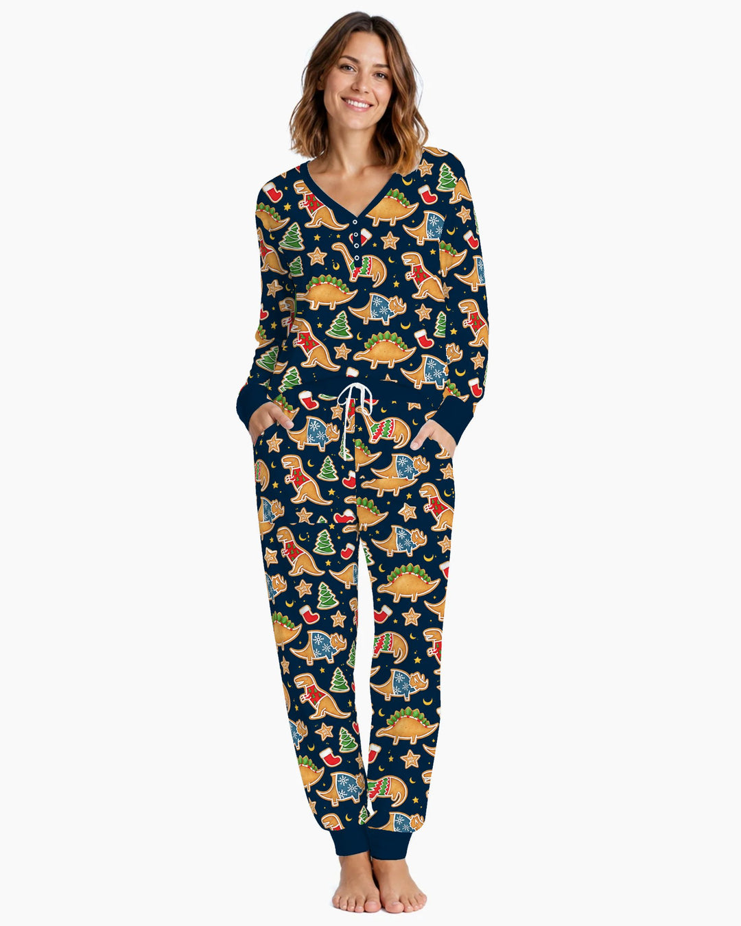 Christmas Dinosaur Gingerbread Cookies Bamboo Women Pajama Set