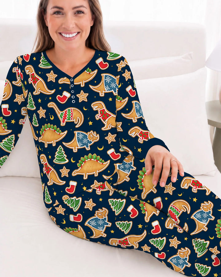 Christmas Dinosaur Gingerbread Cookies Bamboo Women Pajama Set