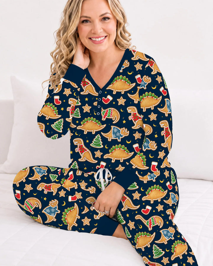 Christmas Dinosaur Gingerbread Cookies Bamboo Women Pajama Set
