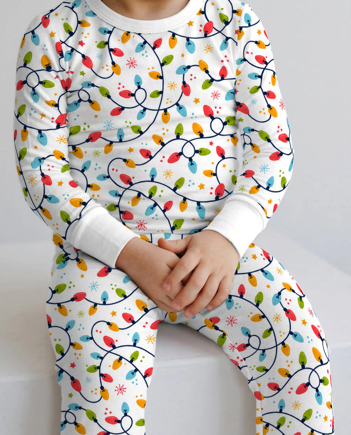 Colorful Christmas String Lights Bamboo Two Piece Long Sleeve Pajama Set