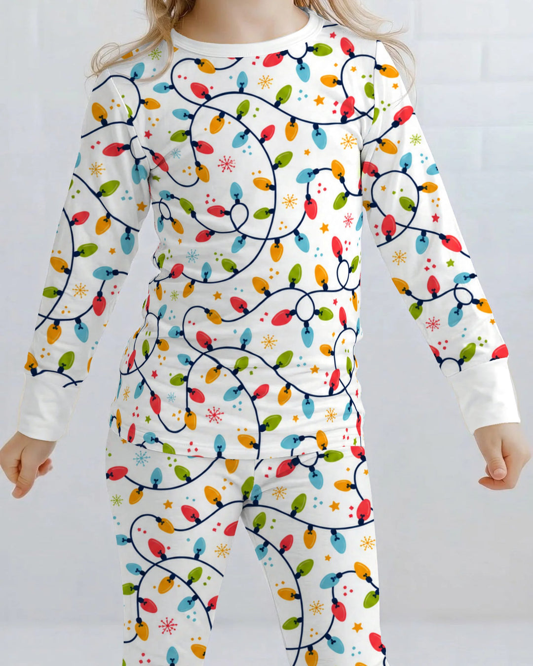 Colorful Christmas String Lights Bamboo Two Piece Long Sleeve Pajama Set