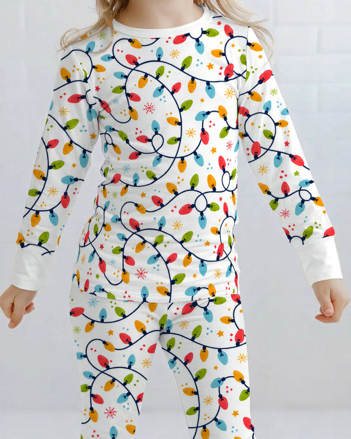 Colorful Christmas String Lights Bamboo Two Piece Long Sleeve Pajama Set