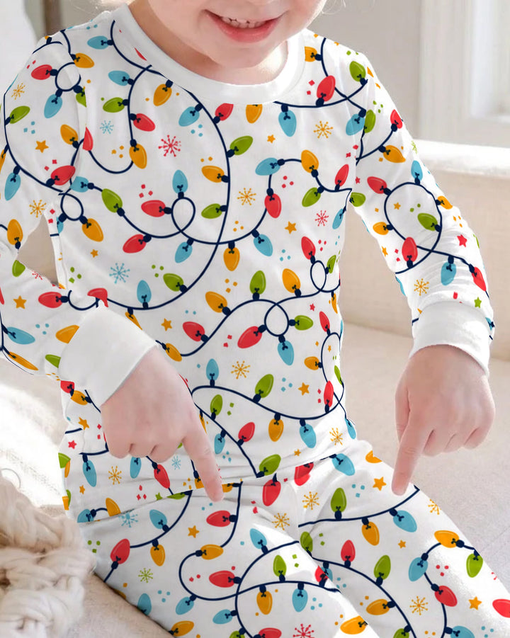 Colorful Christmas String Lights Bamboo Two Piece Long Sleeve Pajama Set