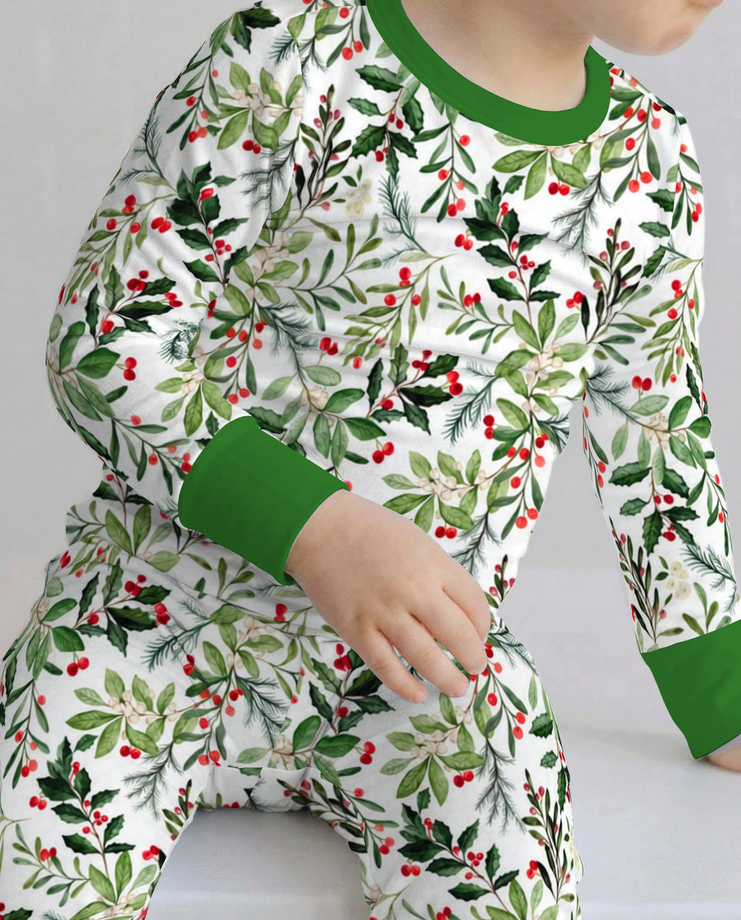 Watercolor Christmas Holly Greenery Bamboo Two Piece Long Sleeve Pajama Set