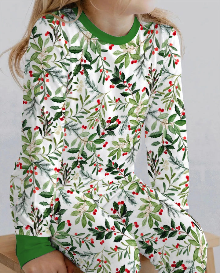 Watercolor Christmas Holly Greenery Bamboo Two Piece Long Sleeve Pajama Set