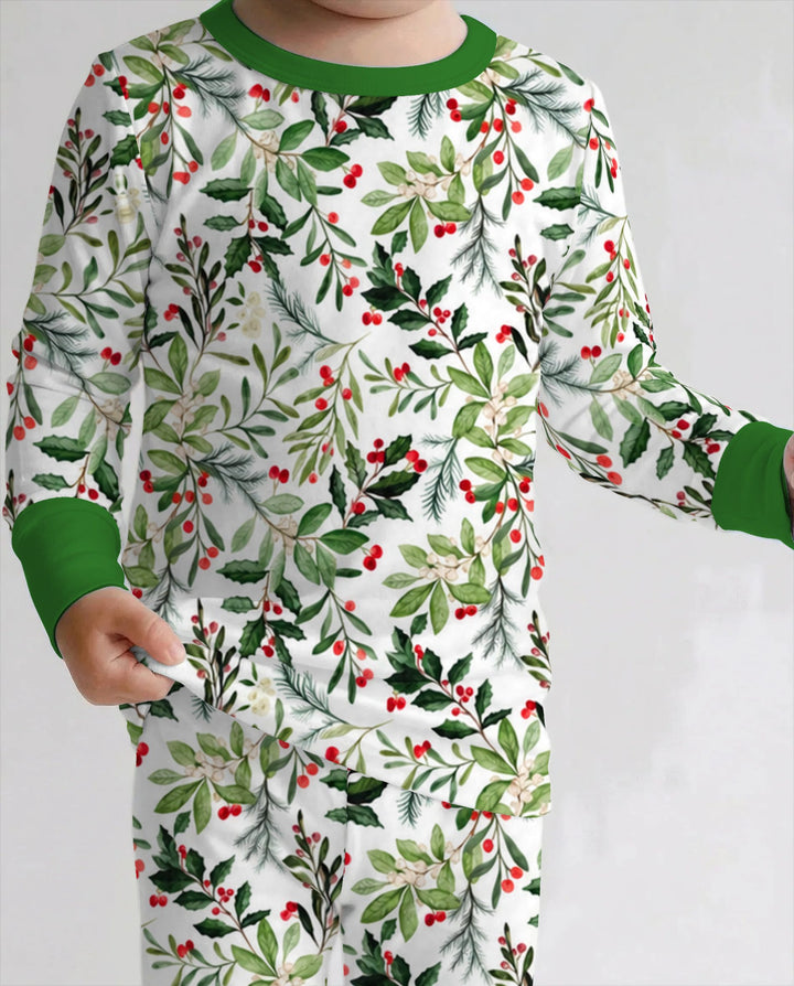Watercolor Christmas Holly Greenery Bamboo Two Piece Long Sleeve Pajama Set