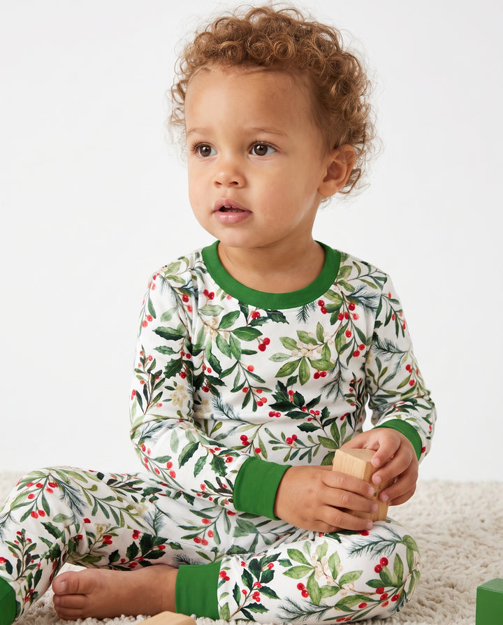 Watercolor Christmas Holly Greenery Bamboo Two Piece Long Sleeve Pajama Set