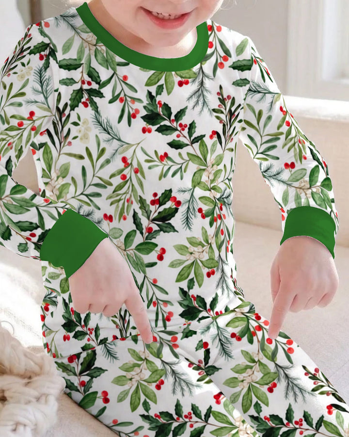 Watercolor Christmas Holly Greenery Bamboo Two Piece Long Sleeve Pajama Set