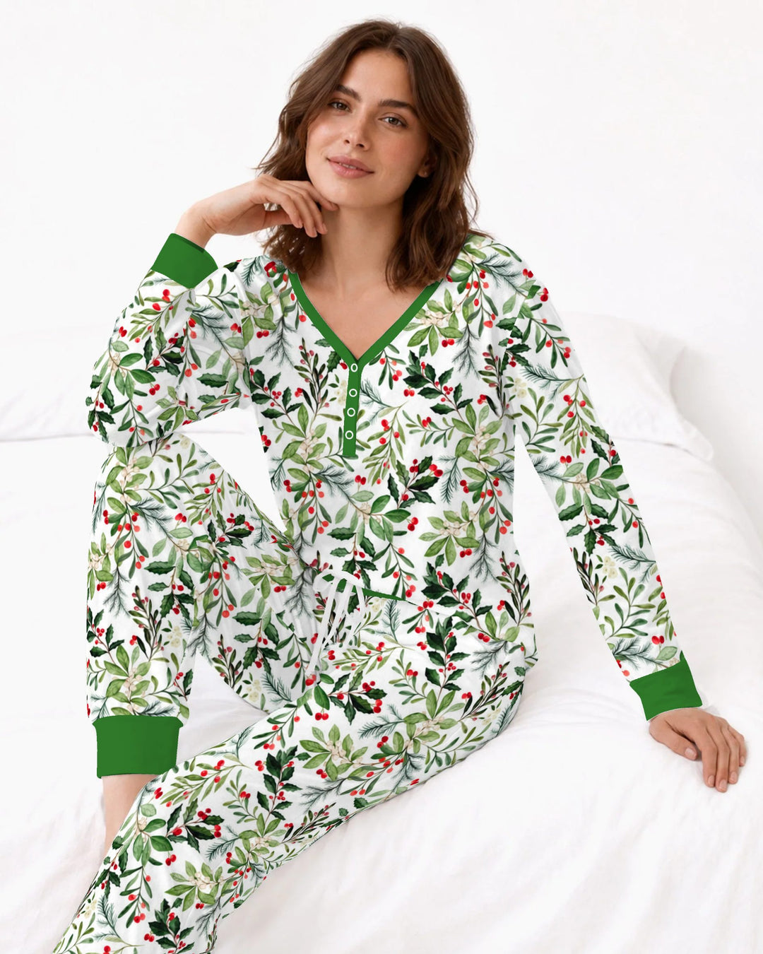 Watercolor Christmas Holly Greenery Bamboo Women Pajama Set