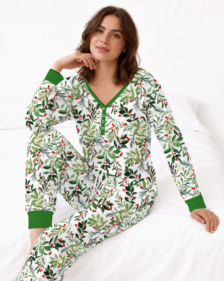 Watercolor Christmas Holly Greenery Bamboo Women Pajama Set