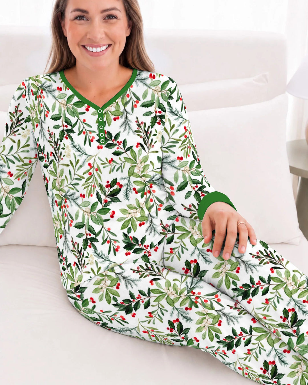 Watercolor Christmas Holly Greenery Bamboo Women Pajama Set