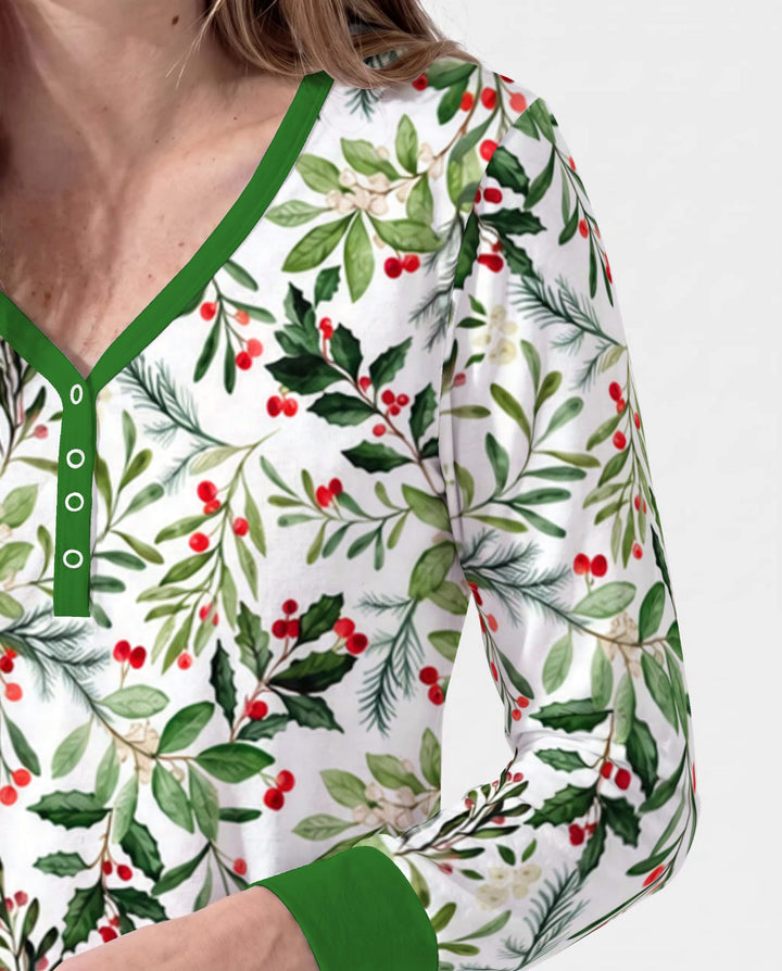 Watercolor Christmas Holly Greenery Bamboo Women Pajama Set