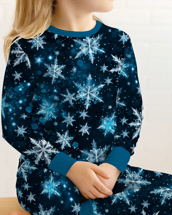 Midnight Blue Sparkling Snowflakes Bamboo Two Piece Long Sleeve Pajama Set