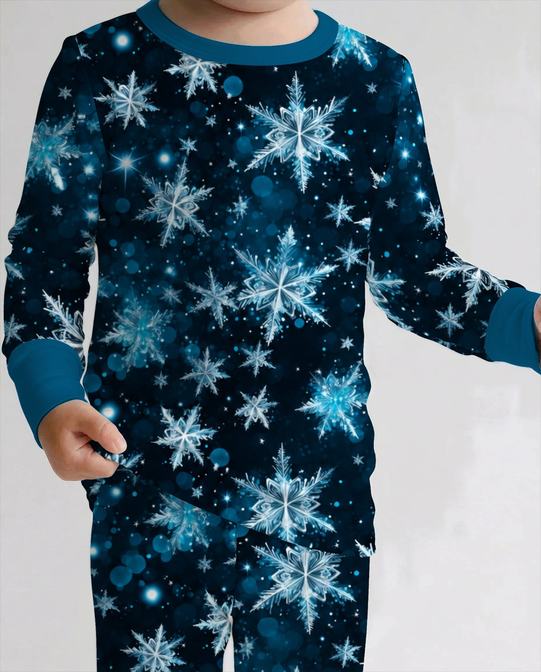 Midnight Blue Sparkling Snowflakes Bamboo Two Piece Long Sleeve Pajama Set