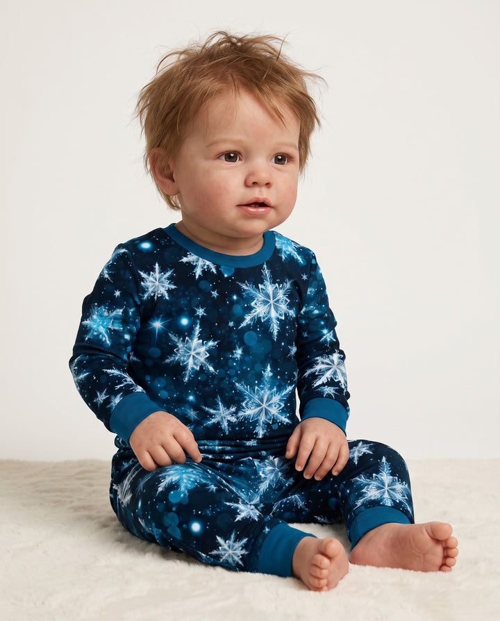 Midnight Blue Sparkling Snowflakes Bamboo Two Piece Long Sleeve Pajama Set
