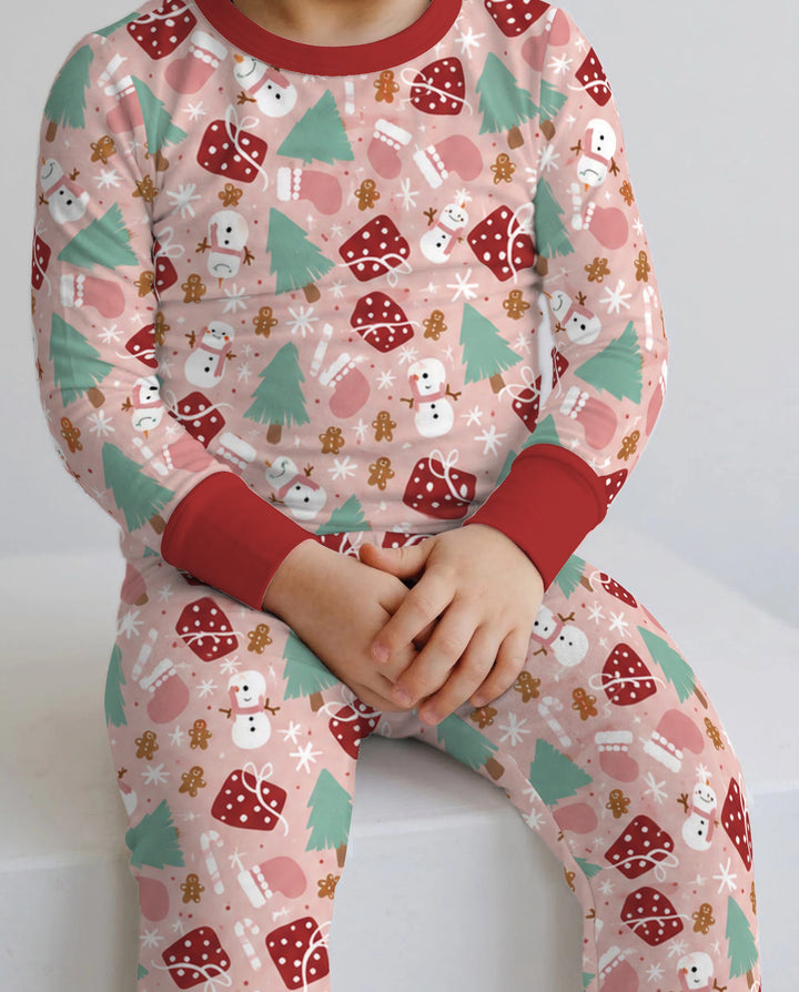 Pink Christmas Snowman Wonderland Bamboo Two Piece Long Sleeve Pajama Set