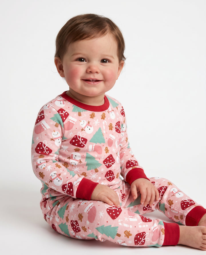 Pink Christmas Snowman Wonderland Bamboo Two Piece Long Sleeve Pajama Set