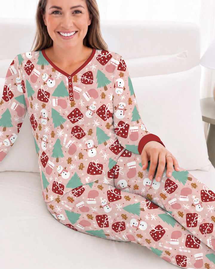 Pink Christmas Snowman Wonderland Bamboo Women Pajama Set
