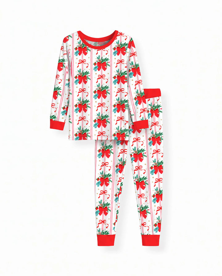 Christmas Red Bow Holiday Ribbons Bamboo Two Piece Long Sleeve Pajama Set
