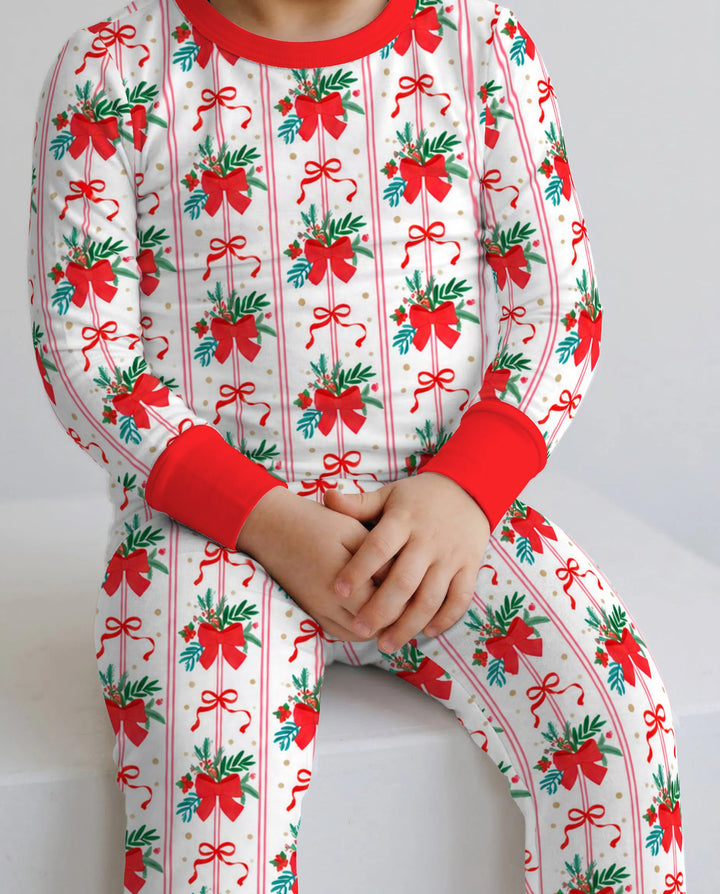 Christmas Red Bow Holiday Ribbons Bamboo Two Piece Long Sleeve Pajama Set