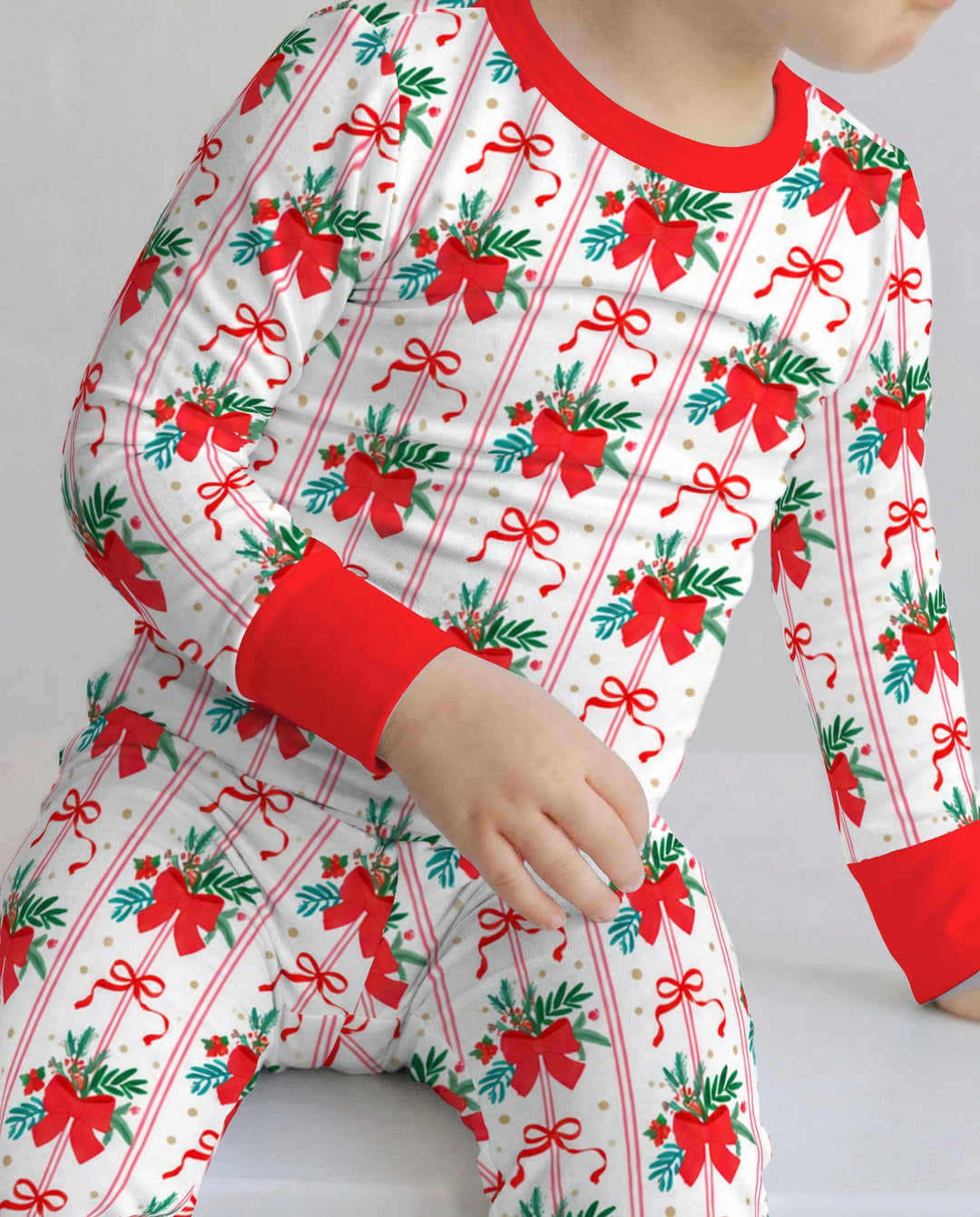 Christmas Red Bow Holiday Ribbons Bamboo Two Piece Long Sleeve Pajama Set