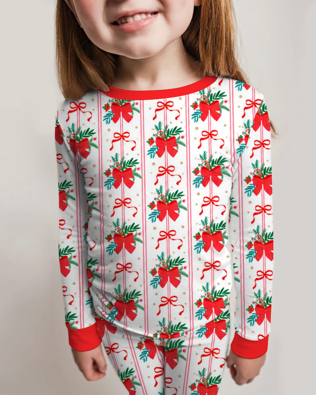 Christmas Red Bow Holiday Ribbons Bamboo Two Piece Long Sleeve Pajama Set