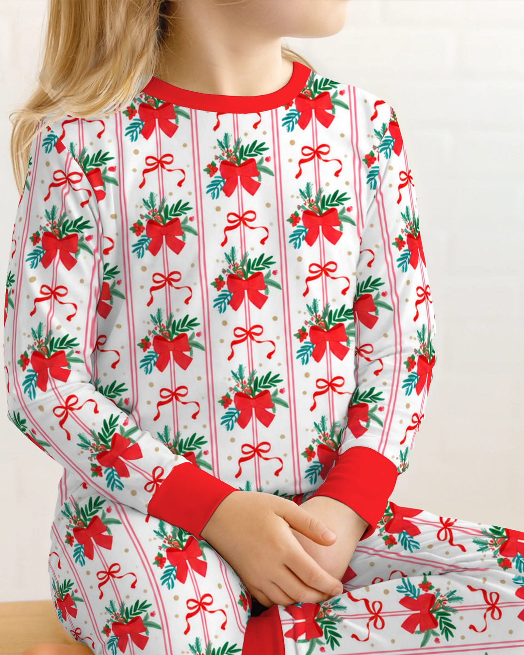 Christmas Red Bow Holiday Ribbons Bamboo Two Piece Long Sleeve Pajama Set