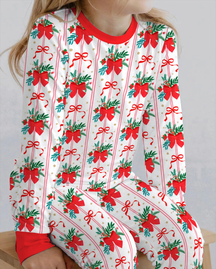 Christmas Red Bow Holiday Ribbons Bamboo Two Piece Long Sleeve Pajama Set