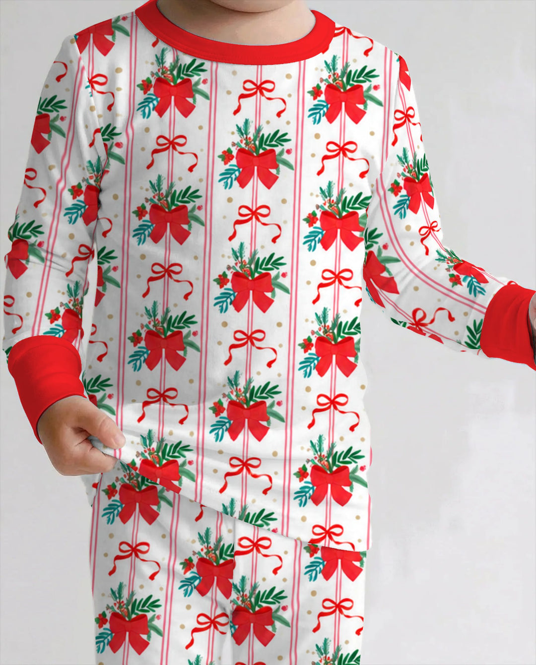 Christmas Red Bow Holiday Ribbons Bamboo Two Piece Long Sleeve Pajama Set