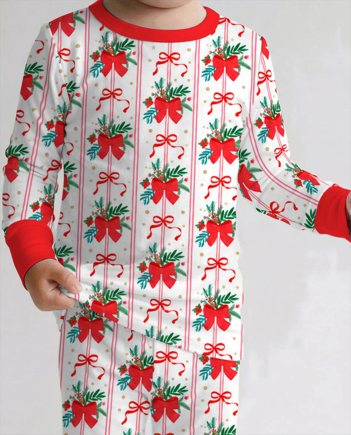Christmas Red Bow Holiday Ribbons Bamboo Two Piece Long Sleeve Pajama Set