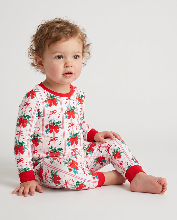 Christmas Red Bow Holiday Ribbons Bamboo Two Piece Long Sleeve Pajama Set