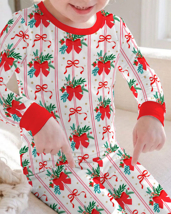 Christmas Red Bow Holiday Ribbons Bamboo Two Piece Long Sleeve Pajama Set