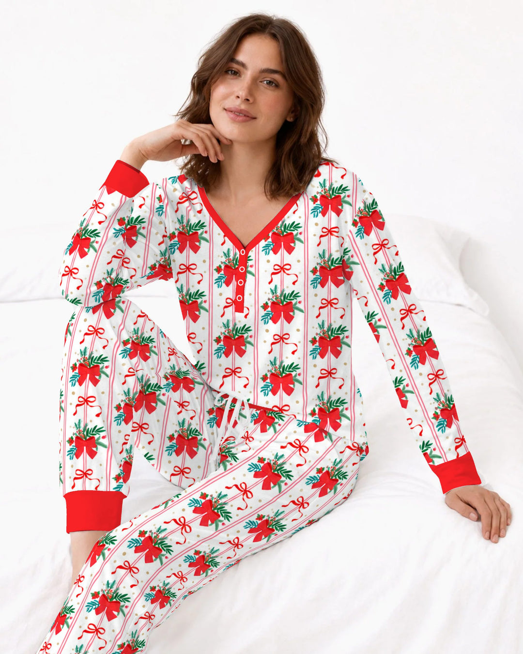 Christmas Red Bow Holiday Ribbons Bamboo Women Pajama Set