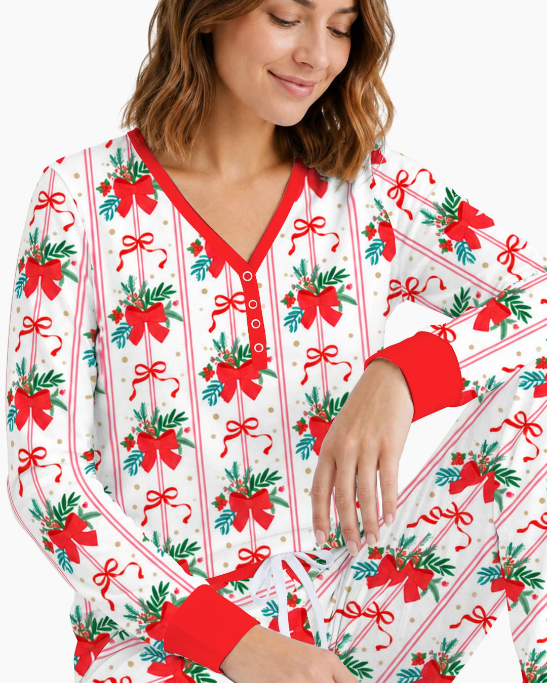 Christmas Red Bow Holiday Ribbons Bamboo Women Pajama Set