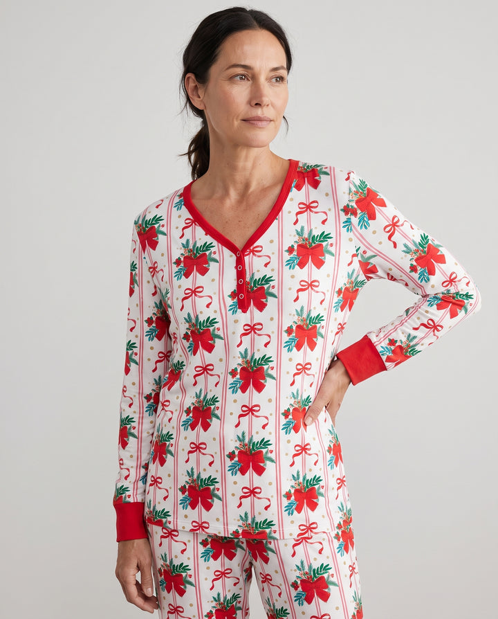 Christmas Red Bow Holiday Ribbons Bamboo Women Pajama Set