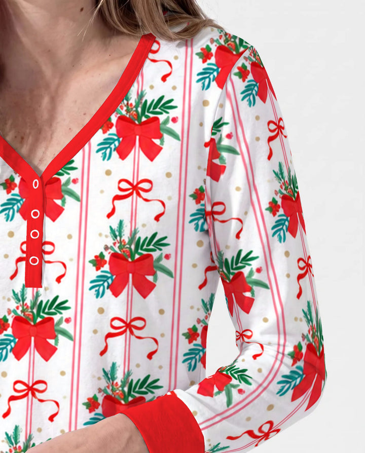 Christmas Red Bow Holiday Ribbons Bamboo Women Pajama Set