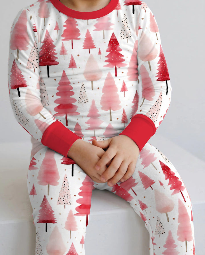 Watercolor Pink Christmas Trees Bamboo Two Piece Long Sleeve Pajama Set