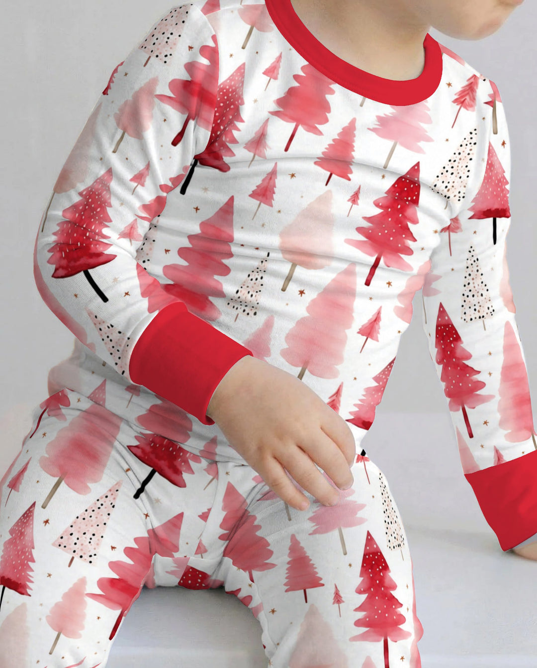 Watercolor Pink Christmas Trees Bamboo Two Piece Long Sleeve Pajama Set