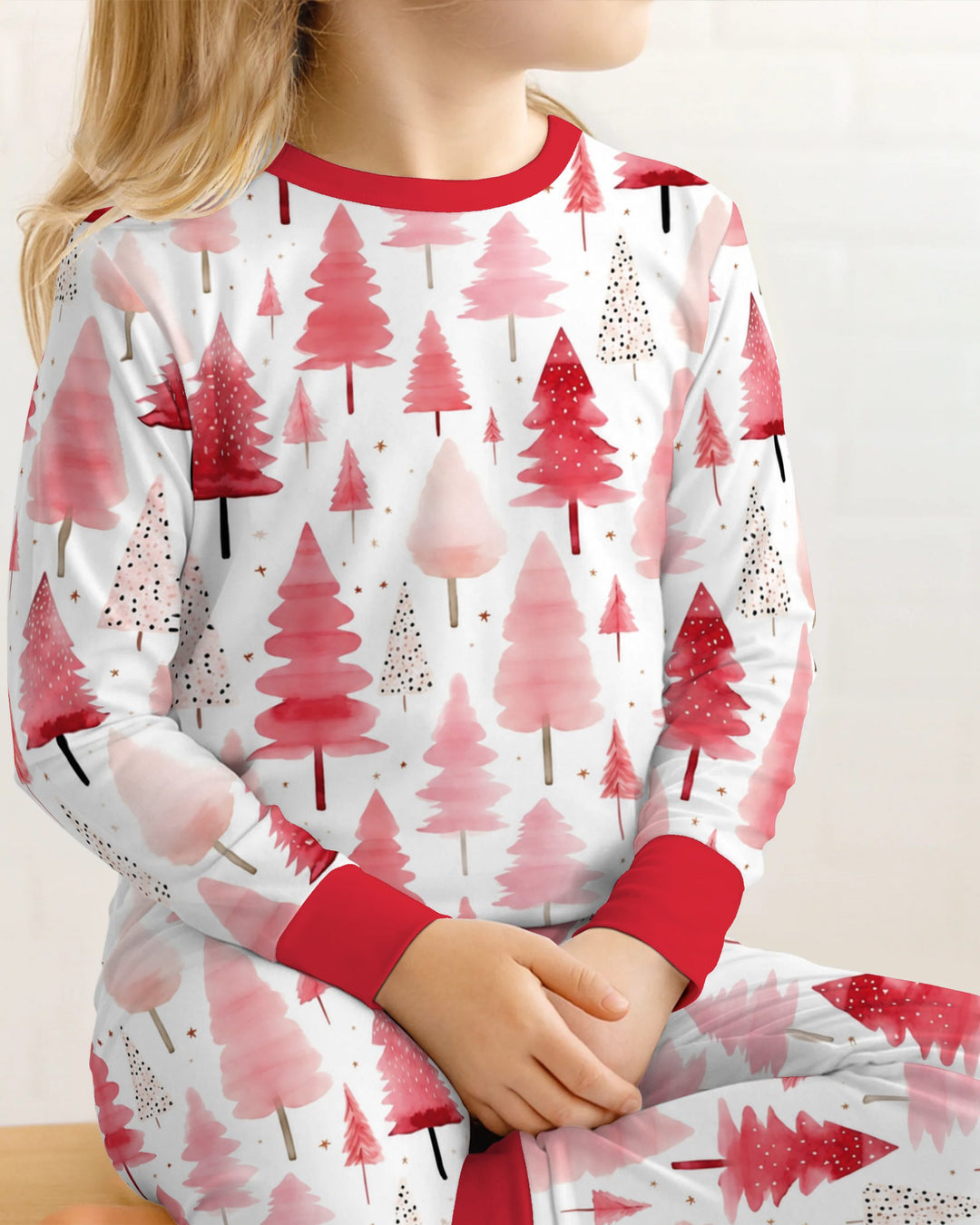 Watercolor Pink Christmas Trees Bamboo Two Piece Long Sleeve Pajama Set