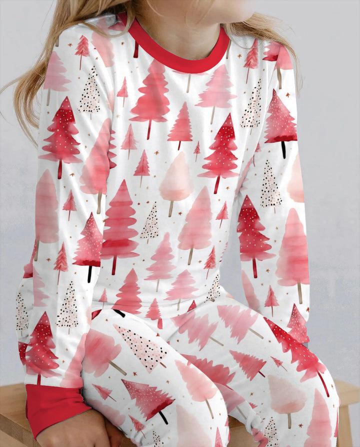 Watercolor Pink Christmas Trees Bamboo Two Piece Long Sleeve Pajama Set