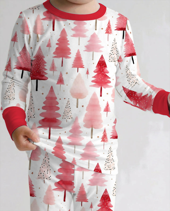Watercolor Pink Christmas Trees Bamboo Two Piece Long Sleeve Pajama Set