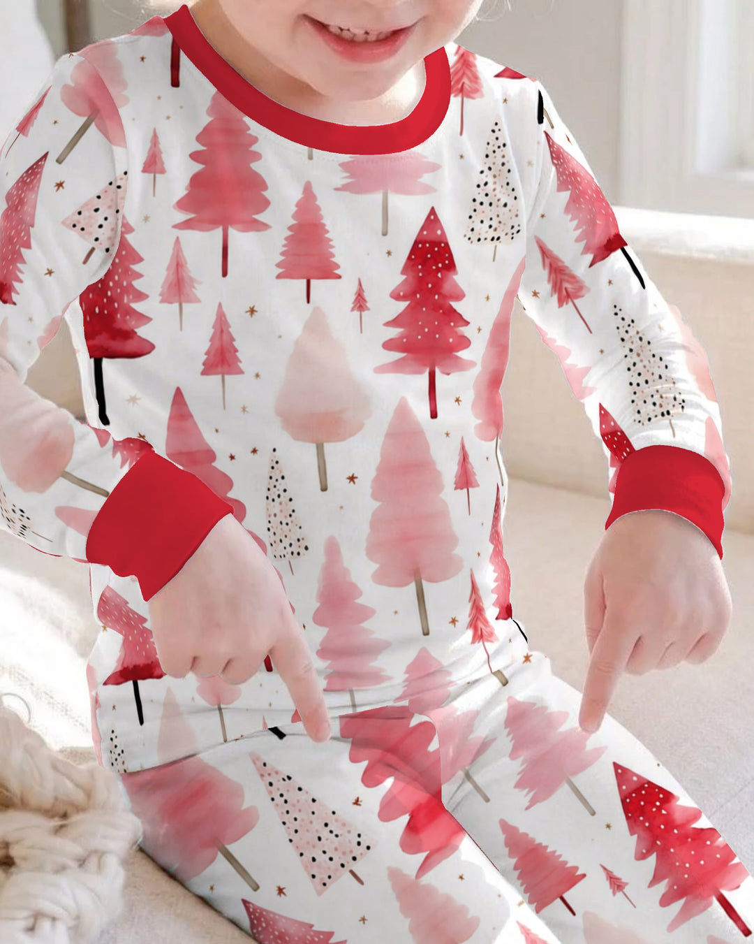 Watercolor Pink Christmas Trees Bamboo Two Piece Long Sleeve Pajama Set