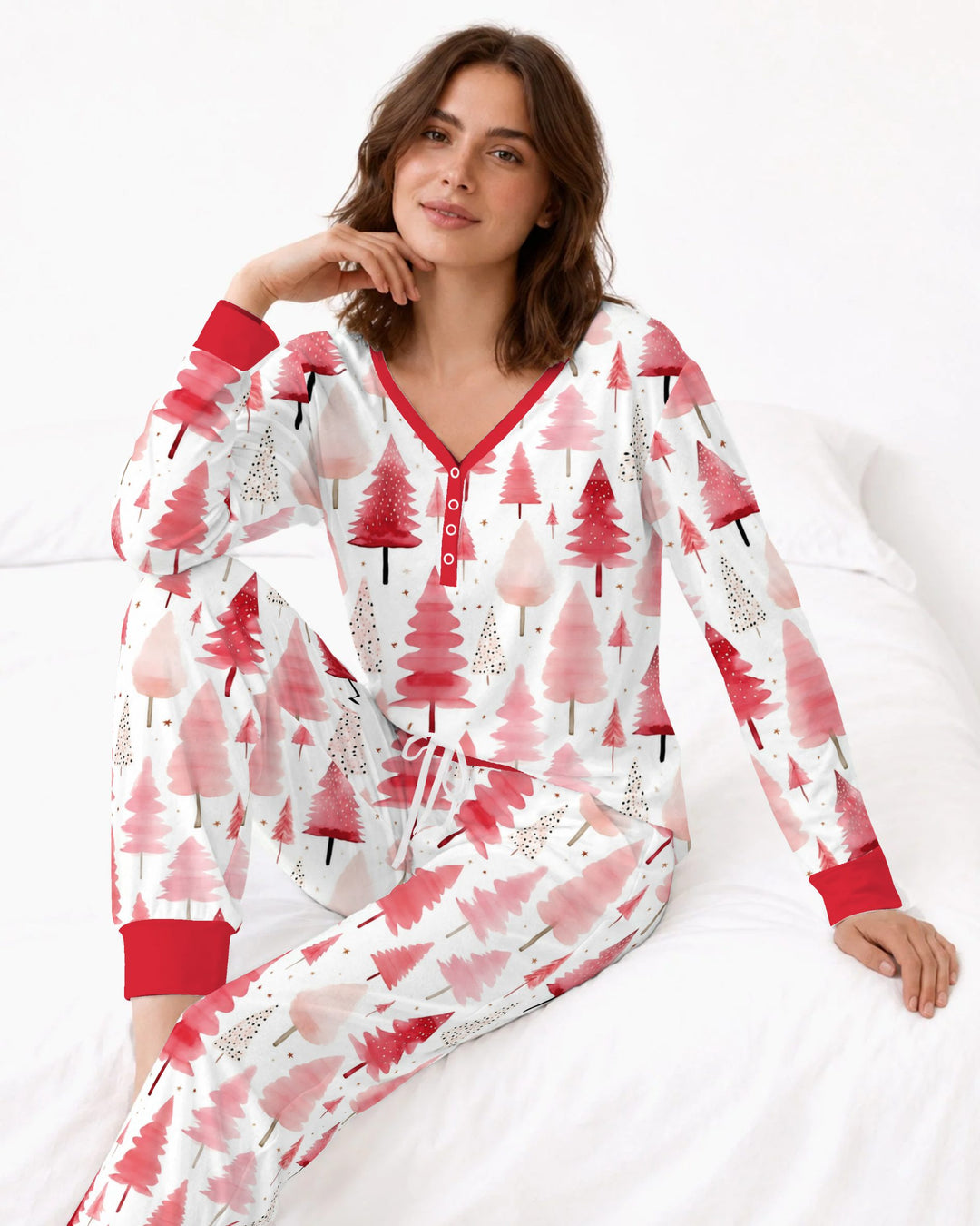 Watercolor Pink Christmas Trees Bamboo Women Pajama Set