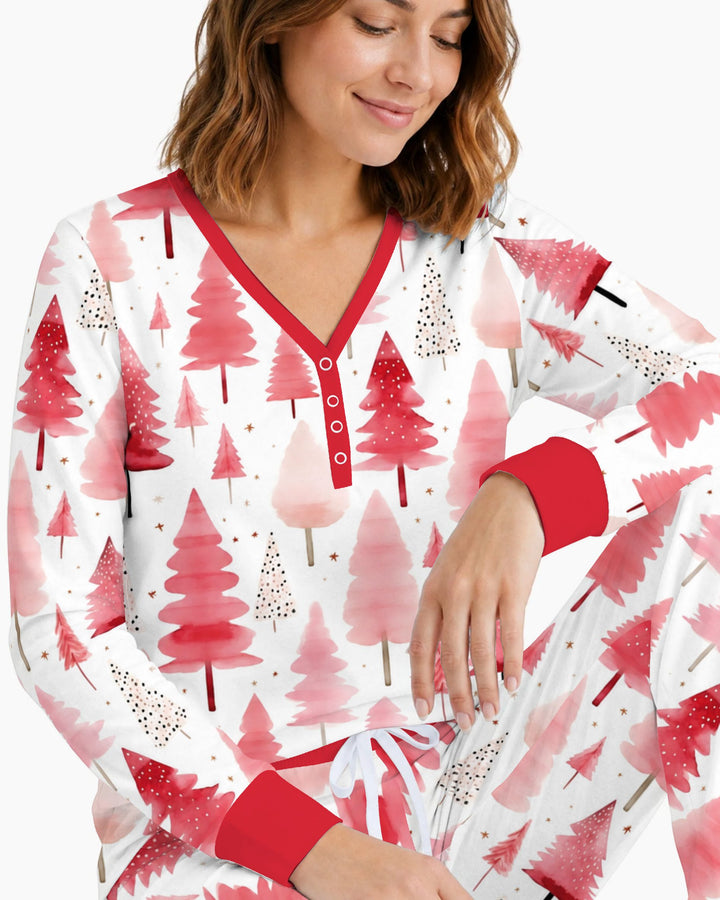 Watercolor Pink Christmas Trees Bamboo Women Pajama Set