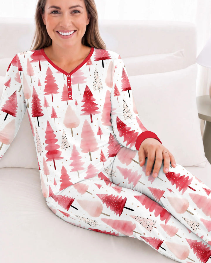 Watercolor Pink Christmas Trees Bamboo Women Pajama Set