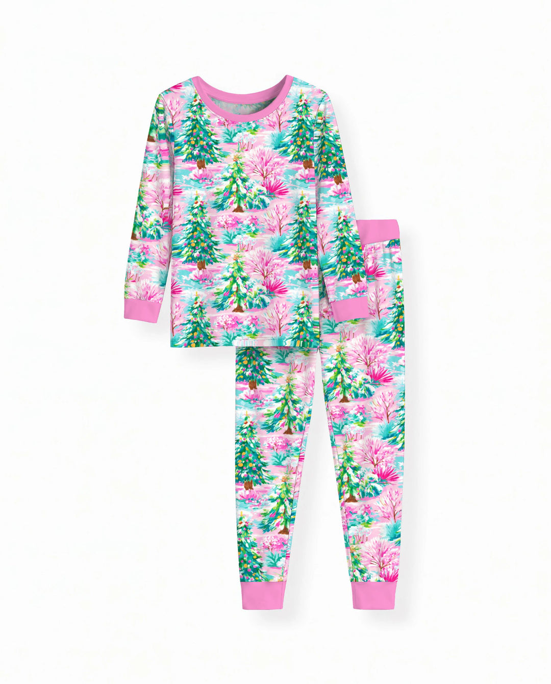 Whimsical Pink Winter Forest Bamboo Two Piece Long Sleeve Pajama Set