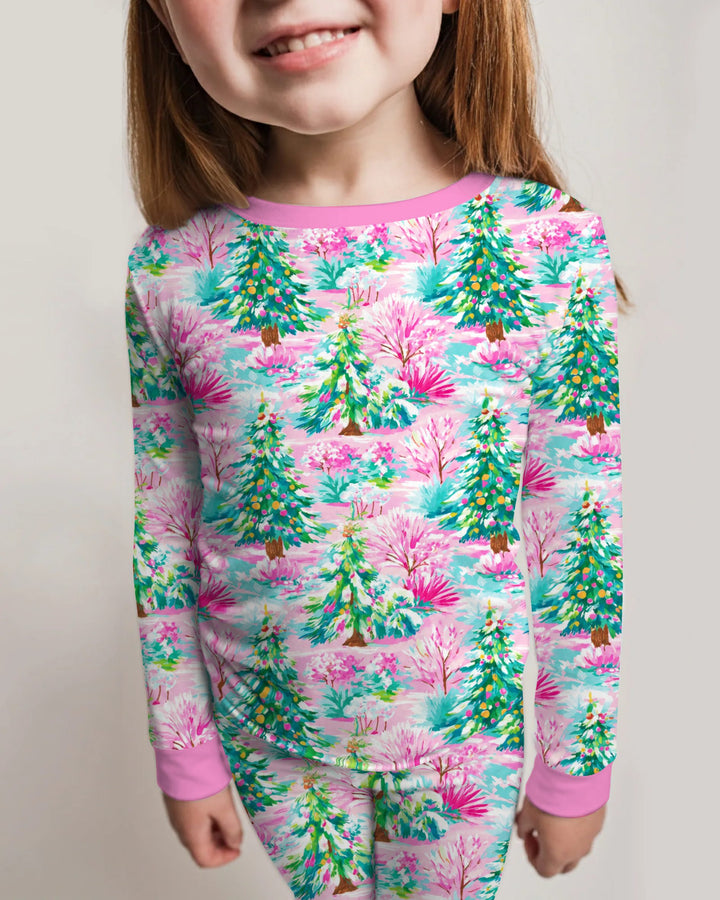 Whimsical Pink Winter Forest Bamboo Two Piece Long Sleeve Pajama Set