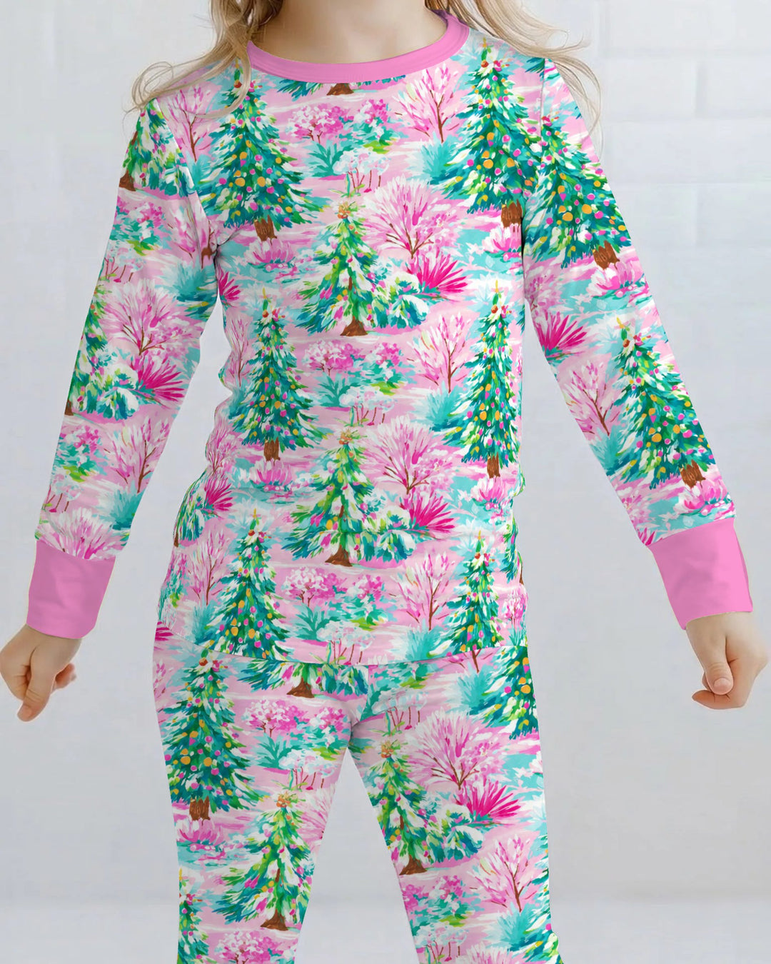 Whimsical Pink Winter Forest Bamboo Two Piece Long Sleeve Pajama Set
